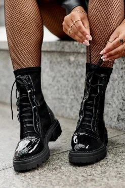 Damskie Boto Wiązane Zamszowe Botki Damskie Czarne Marirla