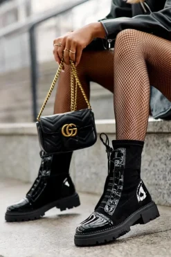 Damskie Boto Wiązane Zamszowe Botki Damskie Czarne Marirla