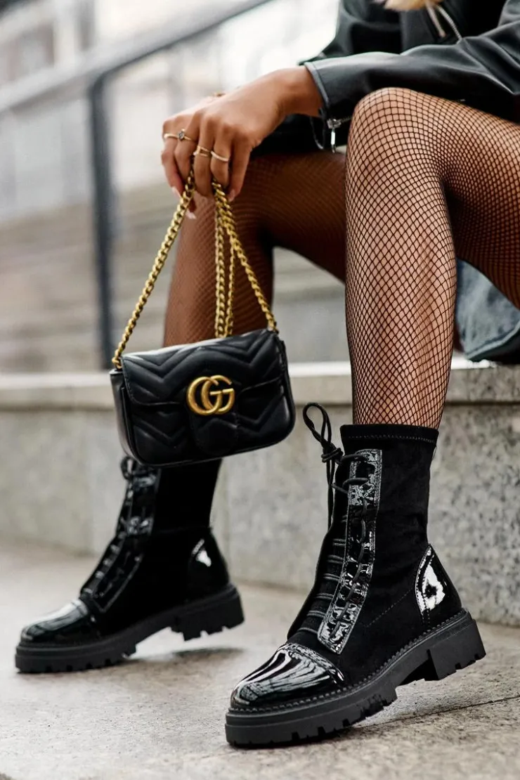 Damskie Boto Wiązane Zamszowe Botki Damskie Czarne Marirla