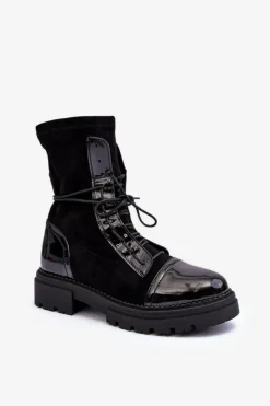 Damskie Boto Wiązane Zamszowe Botki Damskie Czarne Marirla