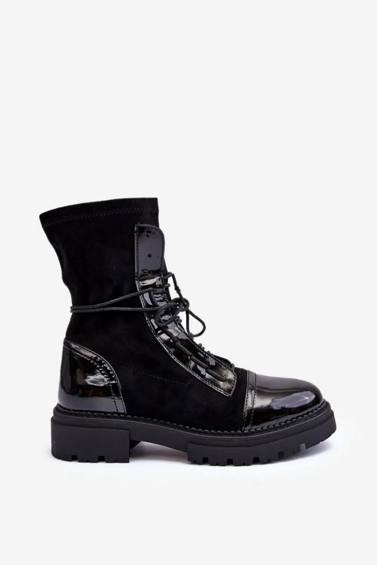 Damskie Boto Wiązane Zamszowe Botki Damskie Czarne Marirla