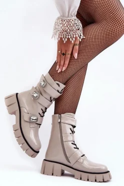 Damskie buty S.Barski Workery Botki Damskie Lakierowane Jasnoszare S.Barski MR870-61