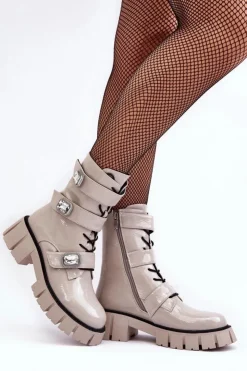 Damskie buty S.Barski Workery Botki Damskie Lakierowane Jasnoszare S.Barski MR870-61