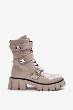 Damskie buty S.Barski Workery Botki Damskie Lakierowane Jasnoszare S.Barski MR870-61