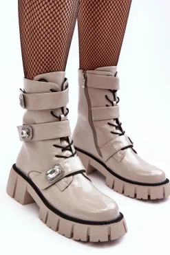 Damskie buty S.Barski Workery Botki Damskie Lakierowane Jasnoszare S.Barski MR870-61