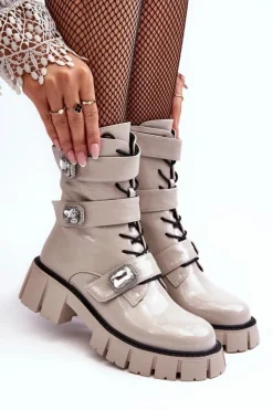 Damskie buty S.Barski Workery Botki Damskie Lakierowane Jasnoszare S.Barski MR870-61