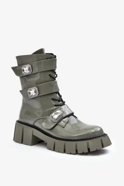 Outlet Damskie buty S.Barski Workery Botki Damskie Lakierowane Zielone S.Barski MR870-61