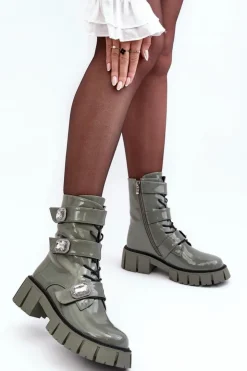 Outlet Damskie buty S.Barski Workery Botki Damskie Lakierowane Zielone S.Barski MR870-61