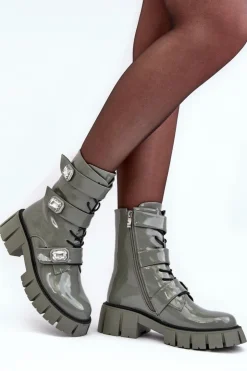 Outlet Damskie buty S.Barski Workery Botki Damskie Lakierowane Zielone S.Barski MR870-61