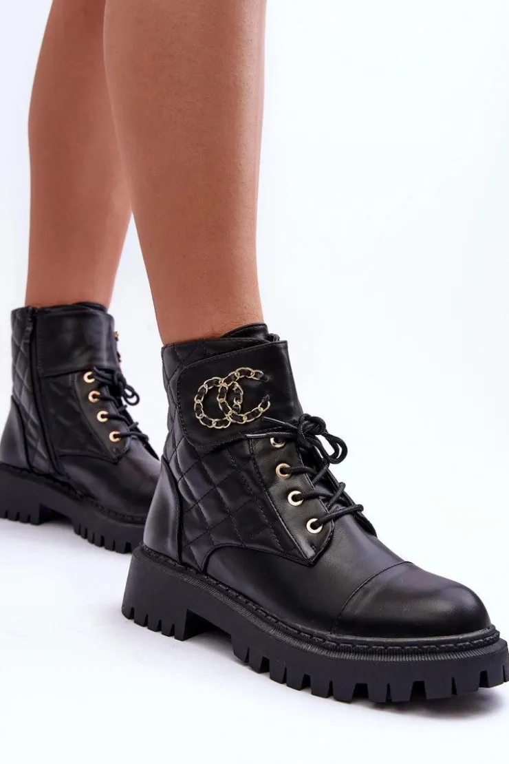 Boto Botki Ocieplane|Botki Sznurowane*Workery Botki Damskie Z Ozdobą Czarne Toye