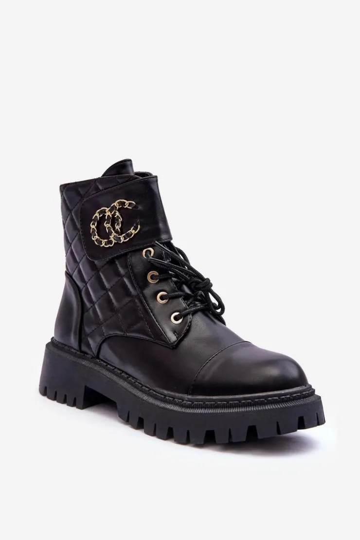 Boto Botki Ocieplane|Botki Sznurowane*Workery Botki Damskie Z Ozdobą Czarne Toye