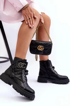 Boto Botki Ocieplane|Botki Sznurowane*Workery Botki Damskie Z Ozdobą Czarne Toye