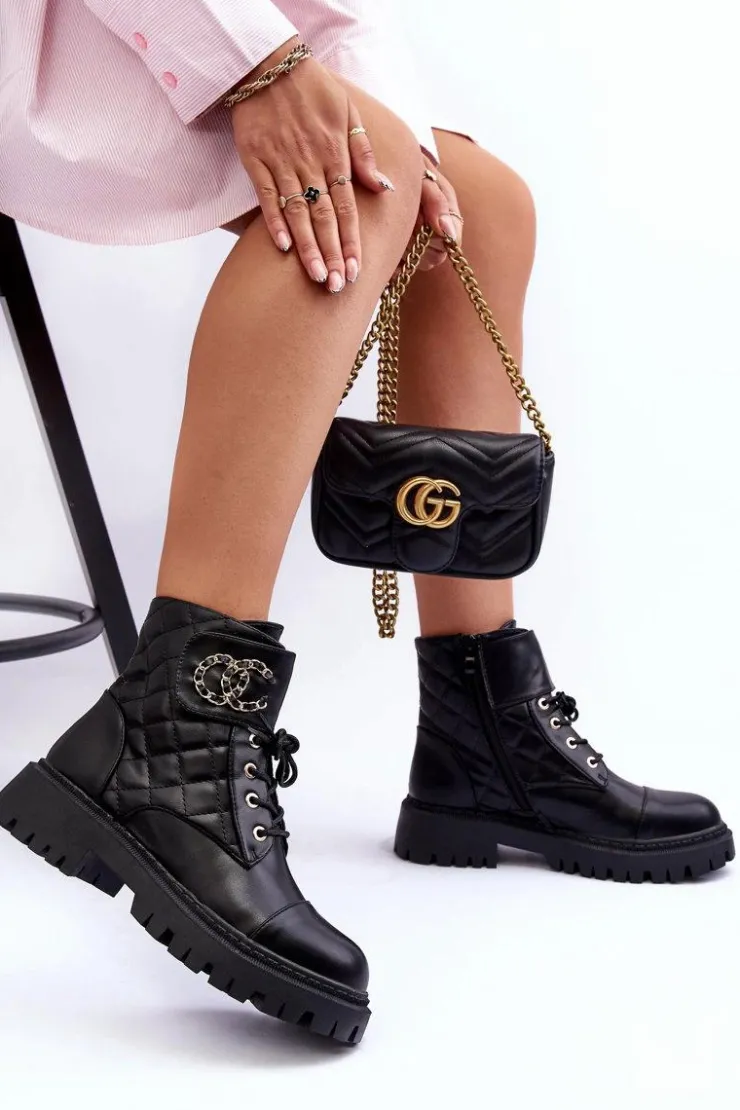 Boto Botki Ocieplane|Botki Sznurowane*Workery Botki Damskie Z Ozdobą Czarne Toye