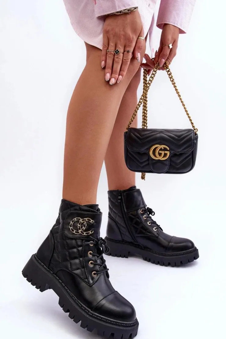 Boto Botki Ocieplane|Botki Sznurowane*Workery Botki Damskie Z Ozdobą Czarne Toye