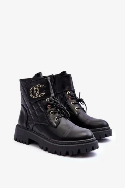 Boto Botki Ocieplane|Botki Sznurowane*Workery Botki Damskie Z Ozdobą Czarne Toye