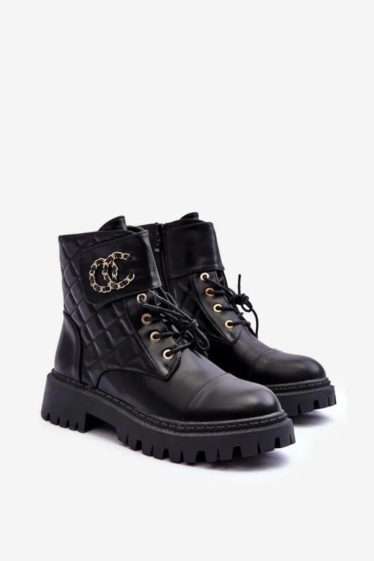 Boto Botki Ocieplane|Botki Sznurowane*Workery Botki Damskie Z Ozdobą Czarne Toye