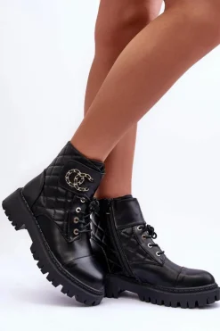 Boto Botki Ocieplane|Botki Sznurowane*Workery Botki Damskie Z Ozdobą Czarne Toye