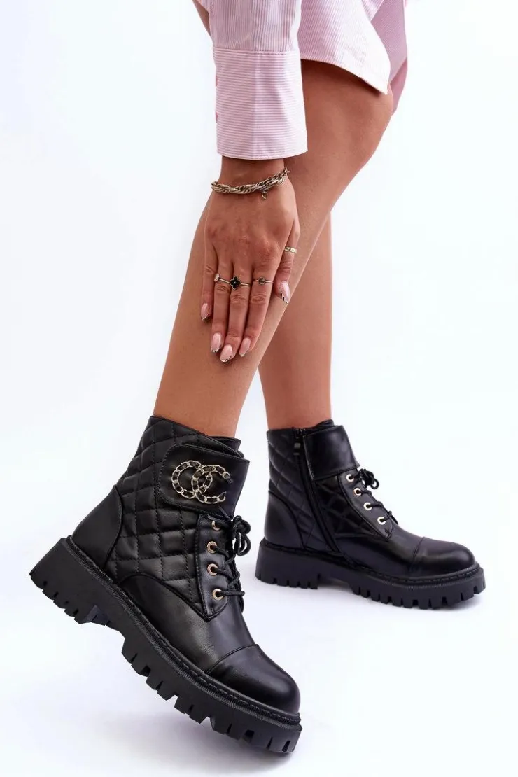 Boto Botki Ocieplane|Botki Sznurowane*Workery Botki Damskie Z Ozdobą Czarne Toye