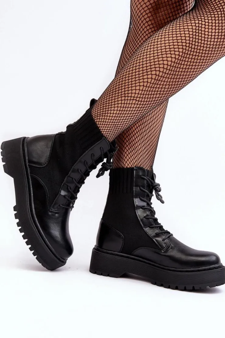 Boto Botki Sznurowane|Czarne Botki*Workery Botki Damskie Ze Skarpetą Sznurowane Czarne Dedinva