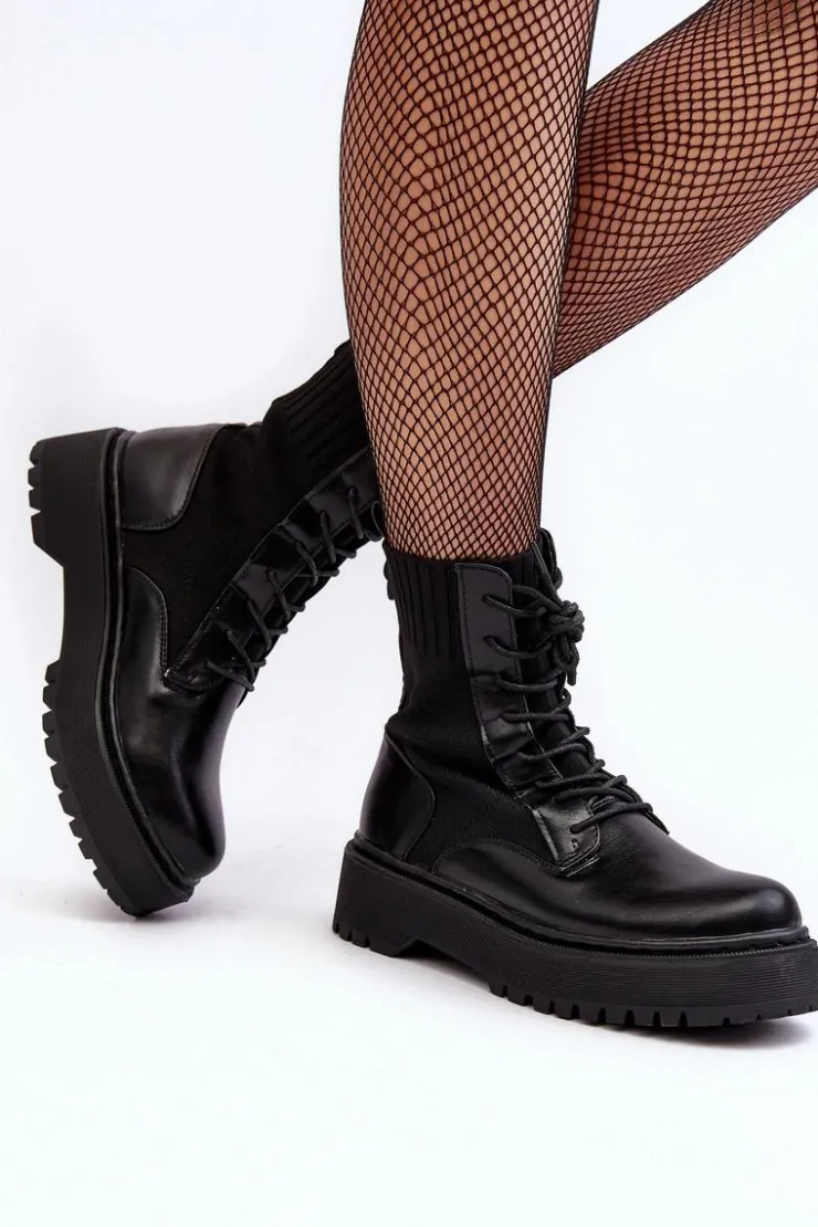 Boto Botki Sznurowane|Czarne Botki*Workery Botki Damskie Ze Skarpetą Sznurowane Czarne Dedinva
