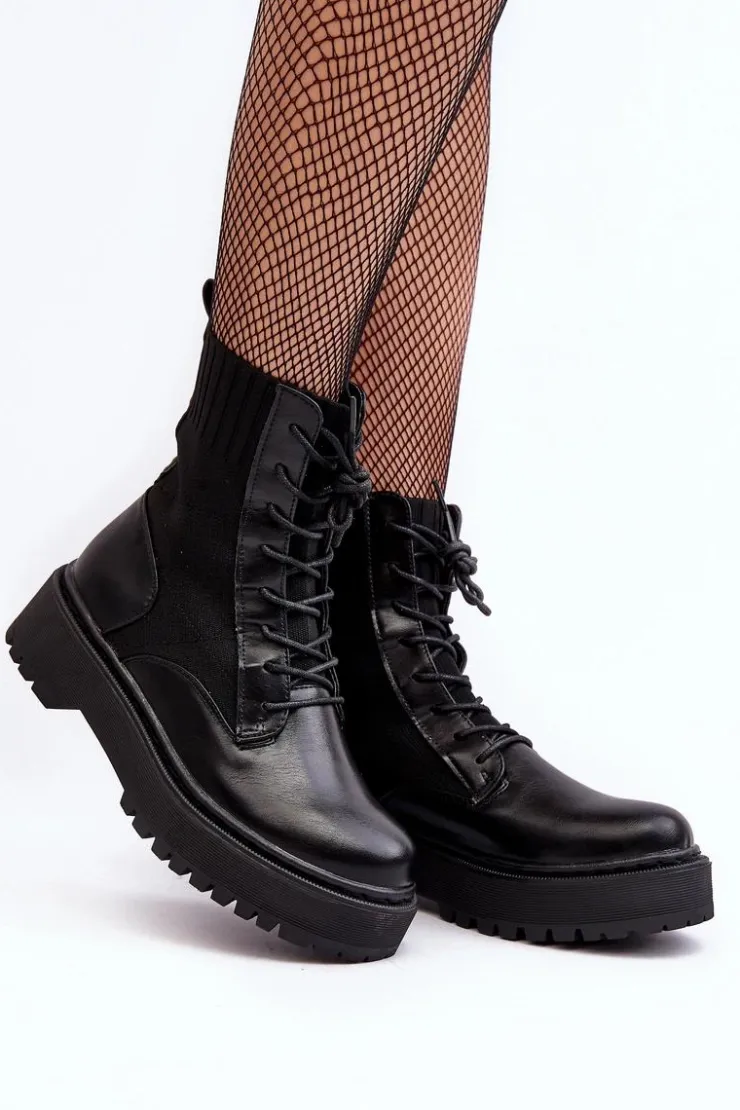 Boto Botki Sznurowane|Czarne Botki*Workery Botki Damskie Ze Skarpetą Sznurowane Czarne Dedinva