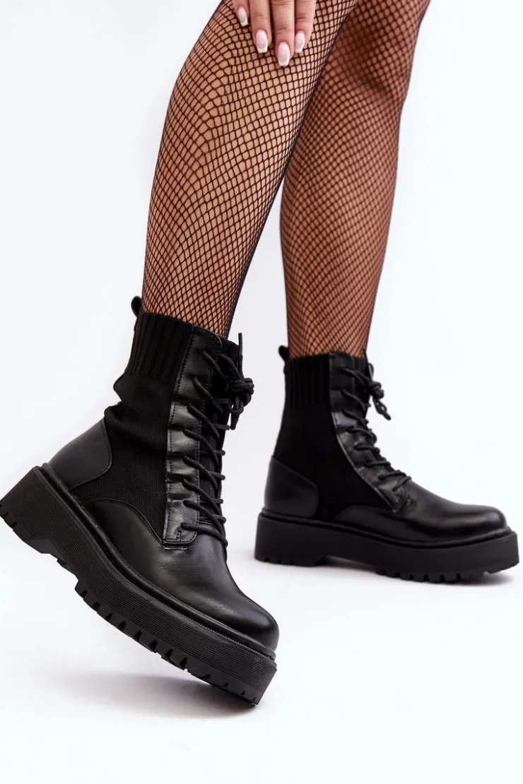 Boto Botki Sznurowane|Czarne Botki*Workery Botki Damskie Ze Skarpetą Sznurowane Czarne Dedinva