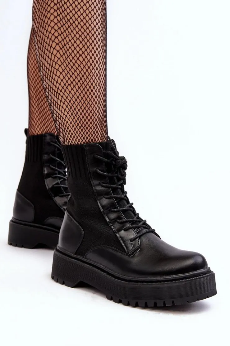 Boto Botki Sznurowane|Czarne Botki*Workery Botki Damskie Ze Skarpetą Sznurowane Czarne Dedinva