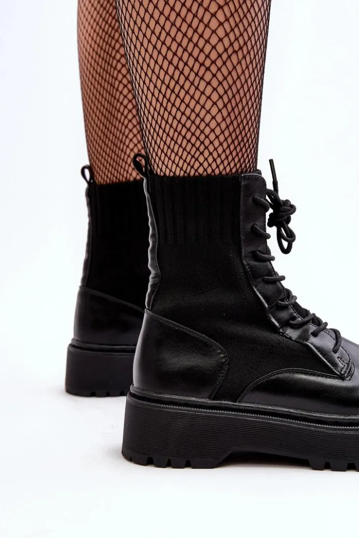 Boto Botki Sznurowane|Czarne Botki*Workery Botki Damskie Ze Skarpetą Sznurowane Czarne Dedinva