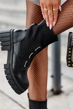 Boto Damskie Trapery|Czarne Botki*Workery Botki Na Płaskim Obcasie Ze Skarpetą Czarne Inogoi