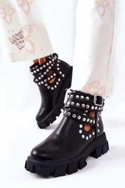 Boto Czarne Botki|Brązowe I Beżowe Botki*Workery Z Dżetami Na Platformie Czarne Vernelle