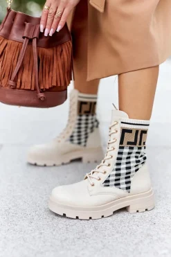 Boto Botki Sznurowane|Botki Zimowe Damskie*Workery Z Elastycznej Tkaniny Beżowe Love Story