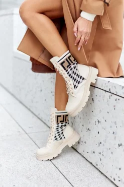 Boto Botki Sznurowane|Botki Zimowe Damskie*Workery Z Elastycznej Tkaniny Beżowe Love Story