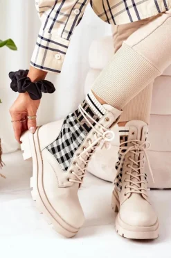 Boto Botki Sznurowane|Botki Zimowe Damskie*Workery Z Elastycznej Tkaniny Beżowe Love Story
