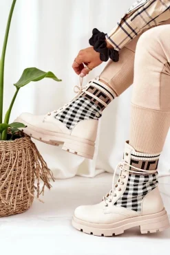 Boto Botki Sznurowane|Botki Zimowe Damskie*Workery Z Elastycznej Tkaniny Beżowe Love Story