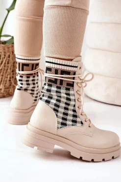 Boto Botki Sznurowane|Botki Zimowe Damskie*Workery Z Elastycznej Tkaniny Beżowe Love Story