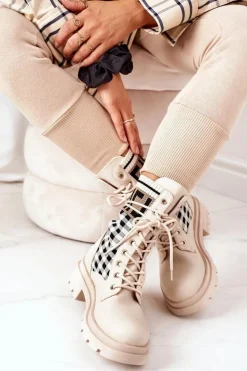 Boto Botki Sznurowane|Botki Zimowe Damskie*Workery Z Elastycznej Tkaniny Beżowe Love Story