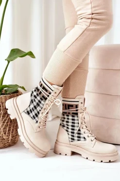 Boto Botki Sznurowane|Botki Zimowe Damskie*Workery Z Elastycznej Tkaniny Beżowe Love Story
