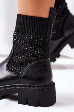Boto Czarne Botki|Botki Zimowe Damskie*Workery Z Elastycznej Tkaniny Z Cyrkoniami Czarne XOXO
