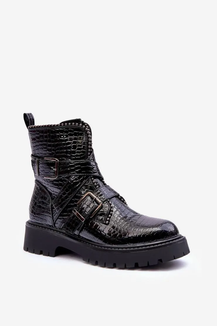 Online Boto Wężowe Botki Damskie Z Paskami Czarne Leora