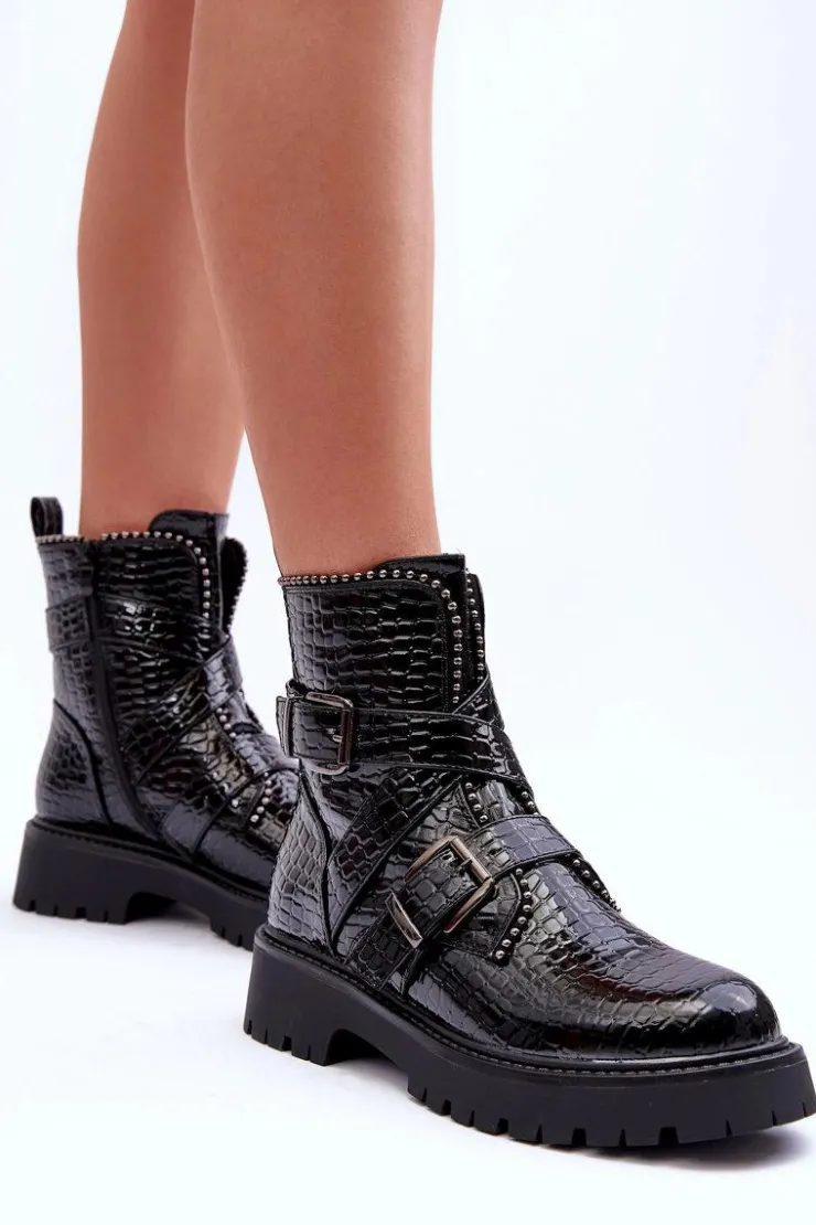 Online Boto Wężowe Botki Damskie Z Paskami Czarne Leora