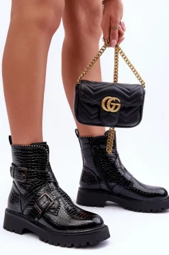 Online Boto Wężowe Botki Damskie Z Paskami Czarne Leora