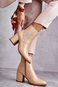 Boto Wężowe Skórzane Botki La.Fi 260038BE-XC Beżowe