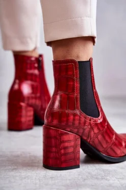 Boto Botki Na Słupku|Botki Zimowe Damskie*Wężowe Skórzane Botki La.Fi 260038R-XC Czerwone