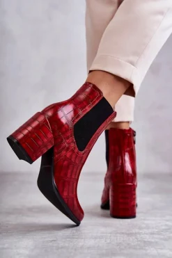 Boto Botki Na Słupku|Botki Zimowe Damskie*Wężowe Skórzane Botki La.Fi 260038R-XC Czerwone