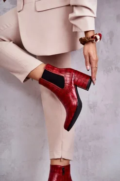 Boto Botki Na Słupku|Botki Zimowe Damskie*Wężowe Skórzane Botki La.Fi 260038R-XC Czerwone