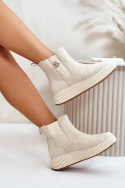 Hot Boto Wsuwane Botki Damskie Na Platformie Z Przypinką Eko Zamszowe Jasnobeżowe Ciatheia