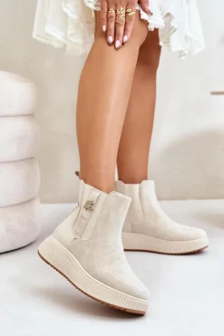 Hot Boto Wsuwane Botki Damskie Na Platformie Z Przypinką Eko Zamszowe Jasnobeżowe Ciatheia