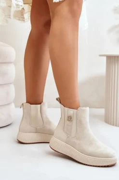 Hot Boto Wsuwane Botki Damskie Na Platformie Z Przypinką Eko Zamszowe Jasnobeżowe Ciatheia