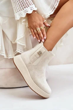 Hot Boto Wsuwane Botki Damskie Na Platformie Z Przypinką Eko Zamszowe Jasnobeżowe Ciatheia