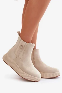 Hot Boto Wsuwane Botki Damskie Na Platformie Z Przypinką Eko Zamszowe Jasnobeżowe Ciatheia